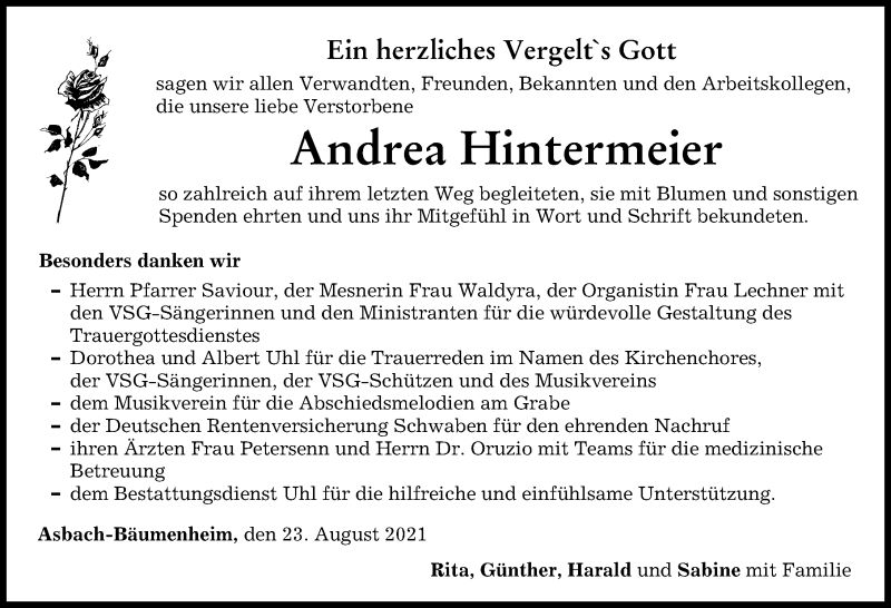 Traueranzeige von Andrea Hintermeier von Donauwörther Zeitung