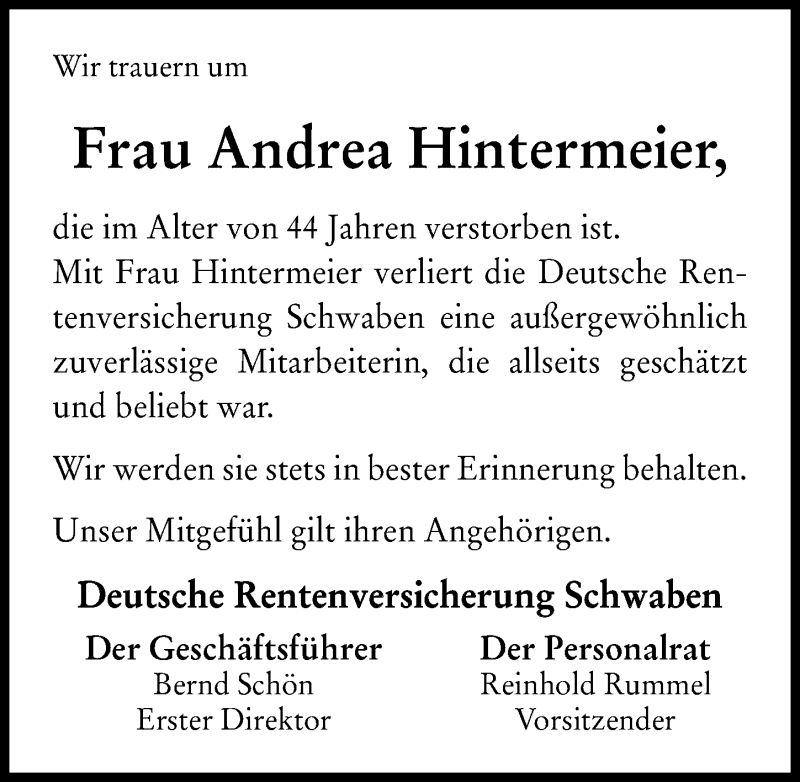 Traueranzeige von Andrea Hintermeier von Donau Zeitung, Augsburger Allgemeine