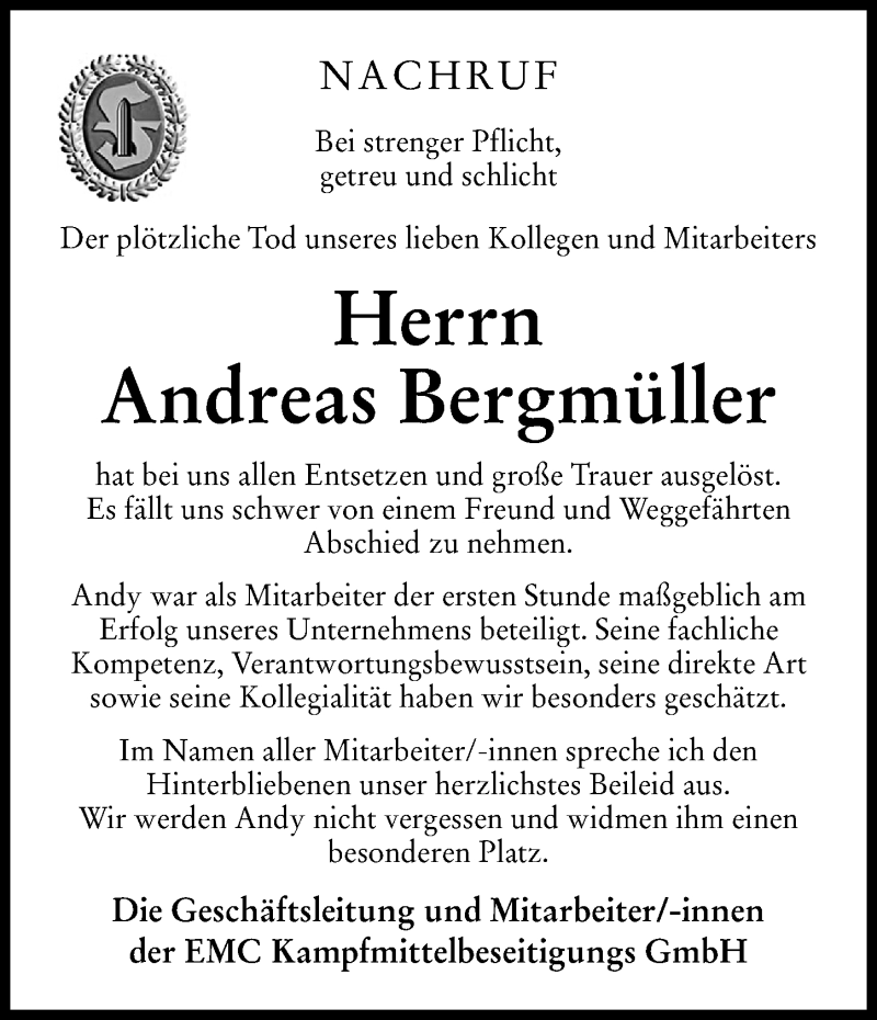 Traueranzeige von Andreas Bergmüller von Augsburger Allgemeine