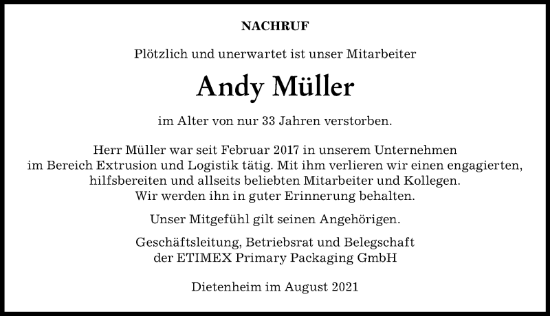  Traueranzeige für Andy Müller vom 14.08.2021 aus Illertisser Zeitung