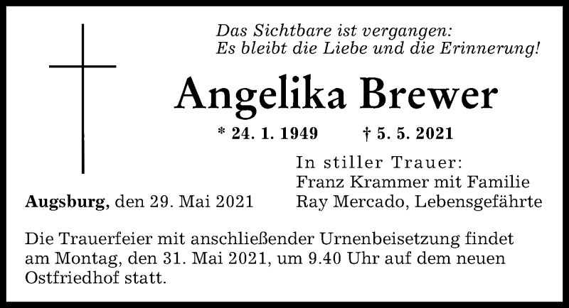 Traueranzeige von Angelika Brewer von Augsburger Allgemeine