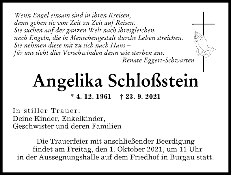  Traueranzeige für Angelika Schloßstein vom 30.09.2021 aus Günzburger Zeitung