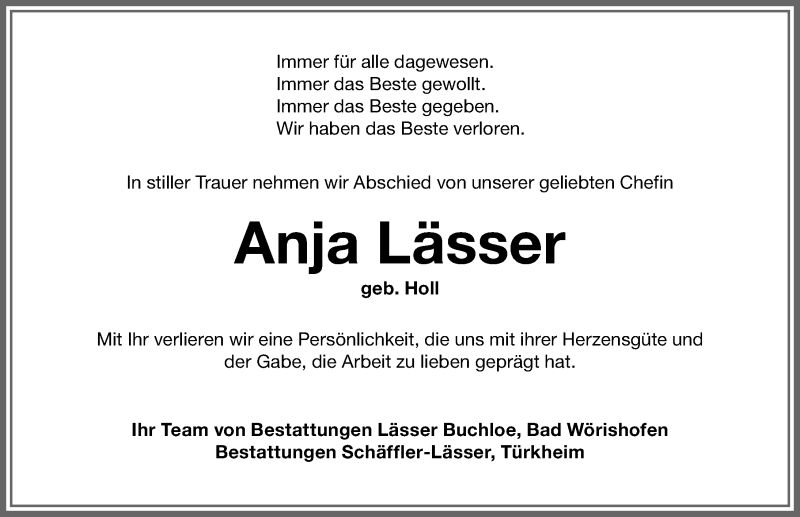 Traueranzeige von Anja Lässer von Mindelheimer Zeitung, Landsberger Tagblatt