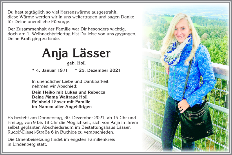 Traueranzeige von Anja Lässer von Mindelheimer Zeitung, Landsberger Tagblatt