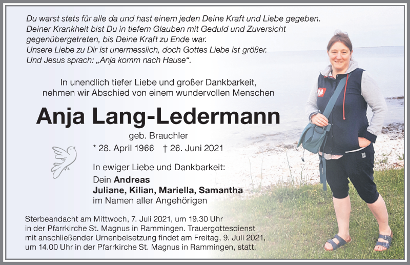  Traueranzeige für Anja Lang-Ledermann vom 03.07.2021 aus Mindelheimer Zeitung
