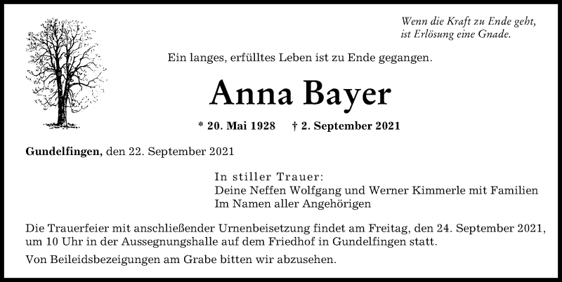 Traueranzeige von Anna Bayer von Donau Zeitung