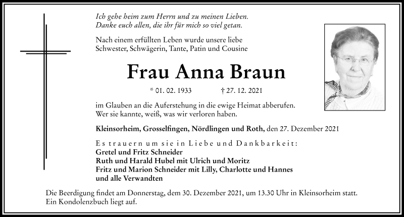 Traueranzeige von Anna Braun von Rieser Nachrichten