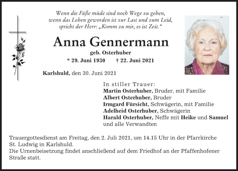 Traueranzeigen von Anna Gennermann | Augsburger Allgemeine Zeitung