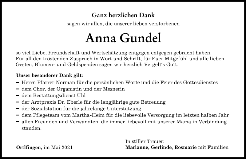 Traueranzeige von Anna Gundel von Augsburg-Land, Wertinger Zeitung, Donauwörther Zeitung