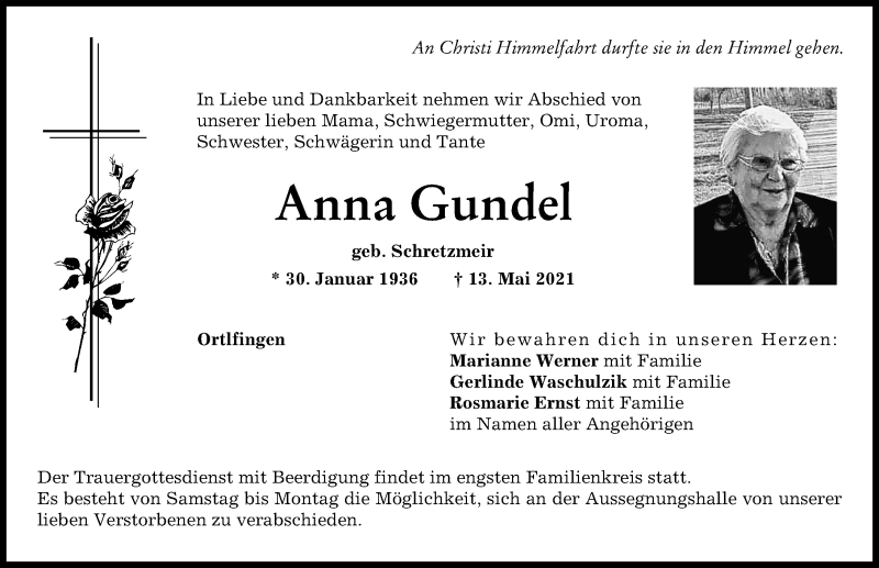 Traueranzeige von Anna Gundel von Donauwörther Zeitung, Wertinger Zeitung, Augsburg-Land