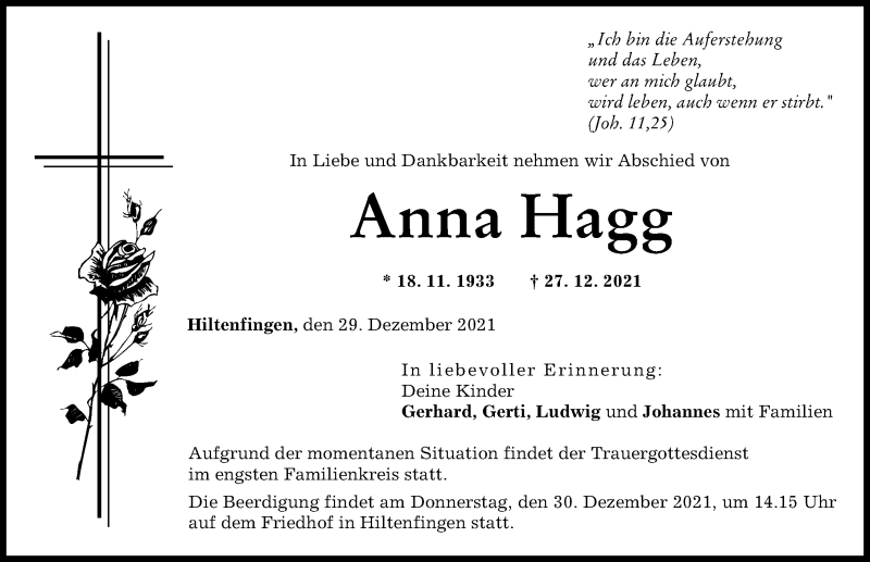 Traueranzeige von Anna Hagg von Schwabmünchner Allgemeine