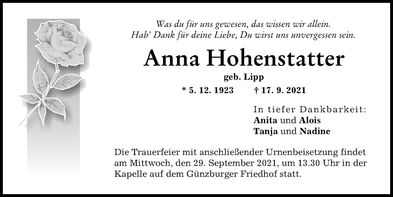 Traueranzeige von Anna Hohenstatter von Günzburger Zeitung
