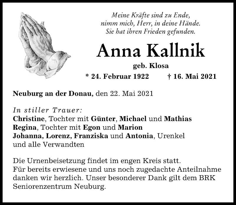 Traueranzeige von Anna Kallnik von Neuburger Rundschau