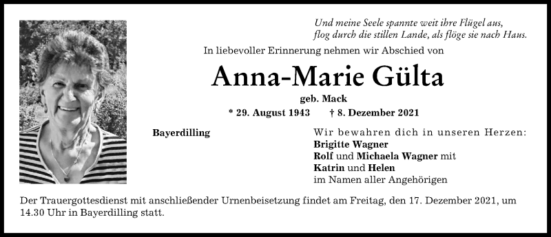 Traueranzeige von Anna-Marie Gülta von Neuburger Rundschau, Donauwörther Zeitung