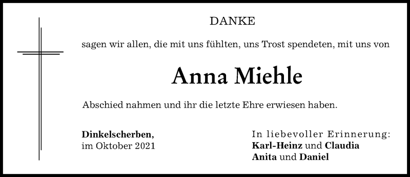 Traueranzeige von Anna Miehle von Augsburger Allgemeine