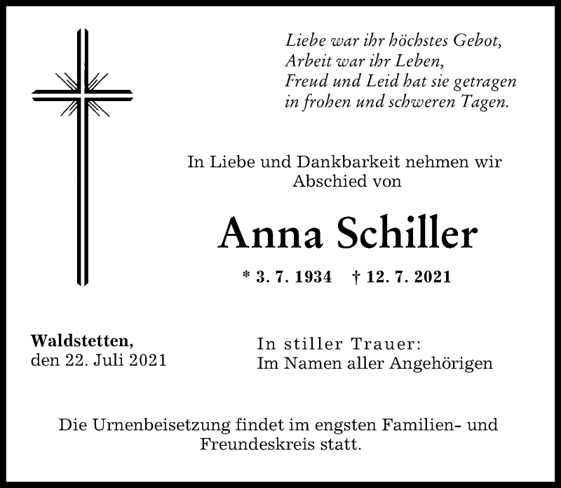 Traueranzeige von Anna Schiller von Günzburger Zeitung