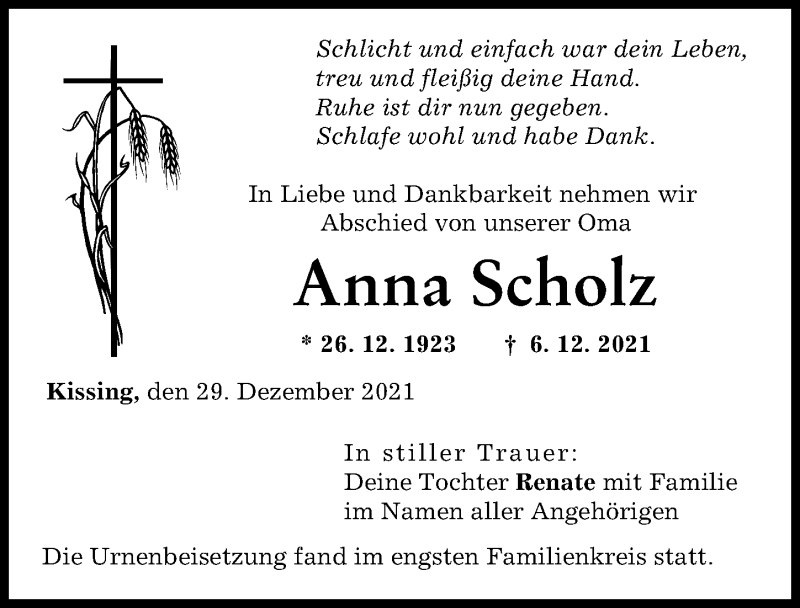 Traueranzeige von Anna Scholz von Friedberger Allgemeine