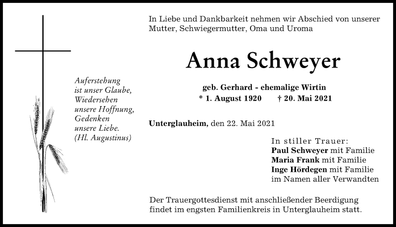 Traueranzeige von Anna Schweyer von Donau Zeitung