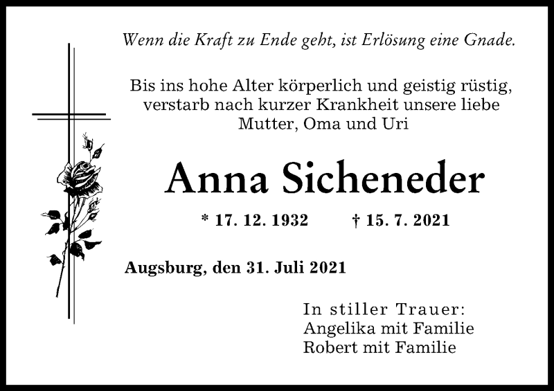 Traueranzeige von Anna Sicheneder von Augsburger Allgemeine