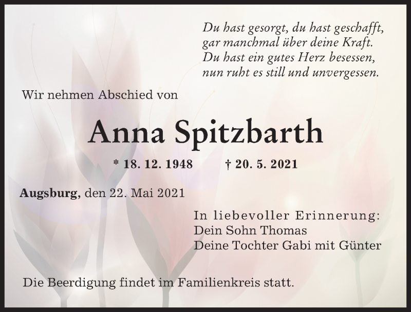 Traueranzeige von Anna Spitzbarth von Augsburger Allgemeine