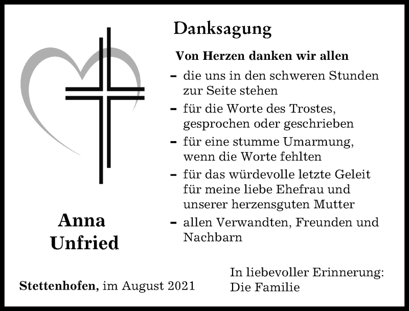 Traueranzeige von Anna Unfried von Augsburger Allgemeine