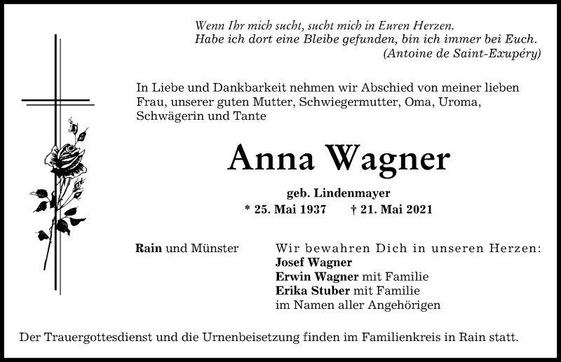 Traueranzeige von Anna Wagner von Donauwörther Zeitung