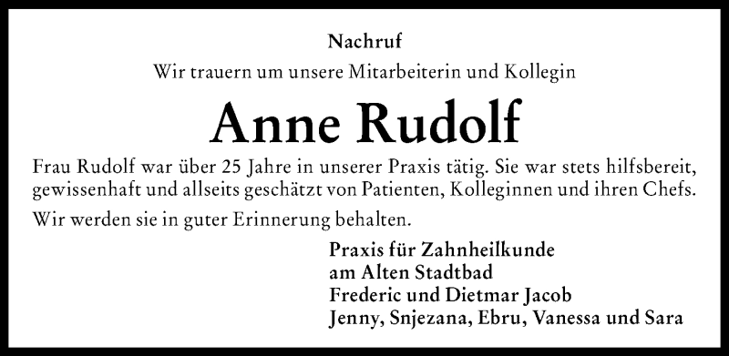 Traueranzeige von Anne Rudolf von Augsburger Allgemeine