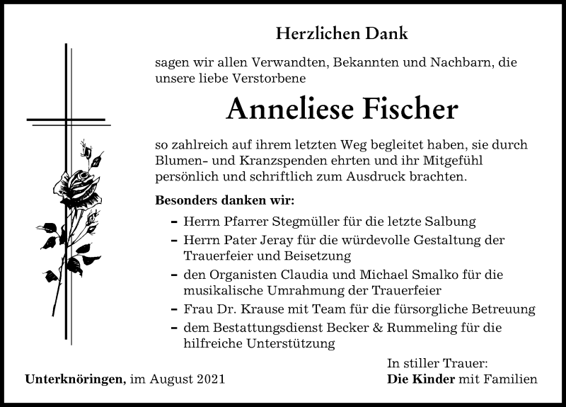 Traueranzeige von Anneliese Fischer von Günzburger Zeitung