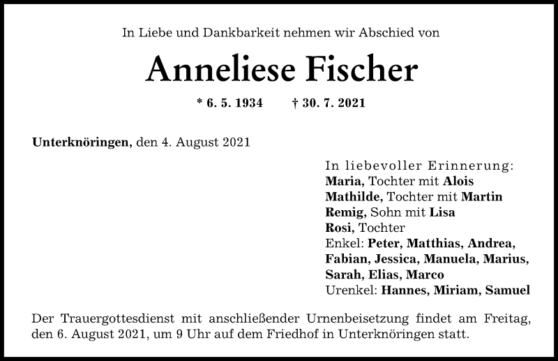 Traueranzeige von Anneliese Fischer von Günzburger Zeitung