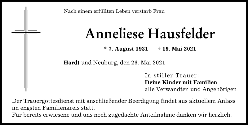 Traueranzeige von Anneliese Hausfelder von Neuburger Rundschau