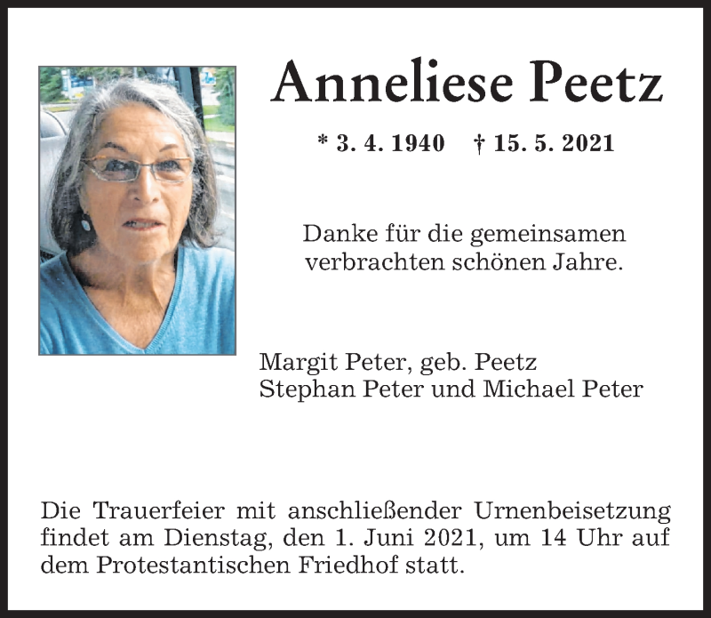 Traueranzeige von Anneliese Peetz von Augsburger Allgemeine