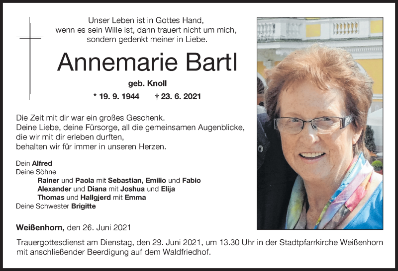  Traueranzeige für Annemarie Bartl vom 26.06.2021 aus Neu-Ulmer Zeitung
