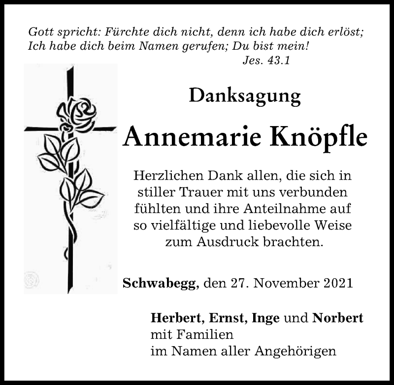 Traueranzeige für Annemarie Knöpfle vom 27.11.2021 aus Mindelheimer Zeitung, Schwabmünchner Allgemeine