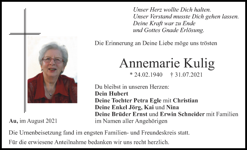 Traueranzeige von Annemarie Kulig von Illertisser Zeitung