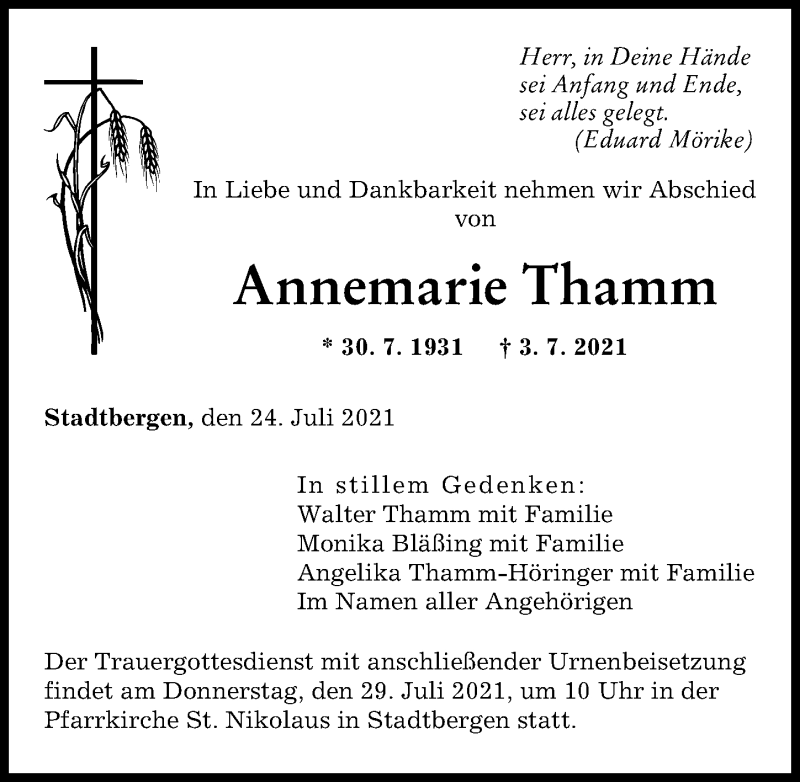 Traueranzeige von Annemarie Thamm von Augsburger Allgemeine