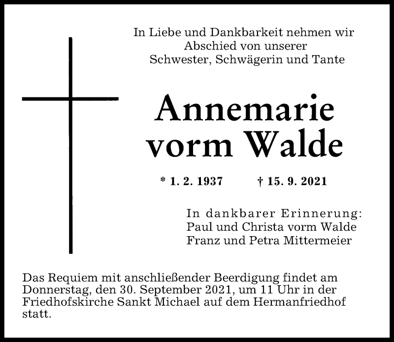 Traueranzeige von Annemarie vorm Walde von Augsburger Allgemeine