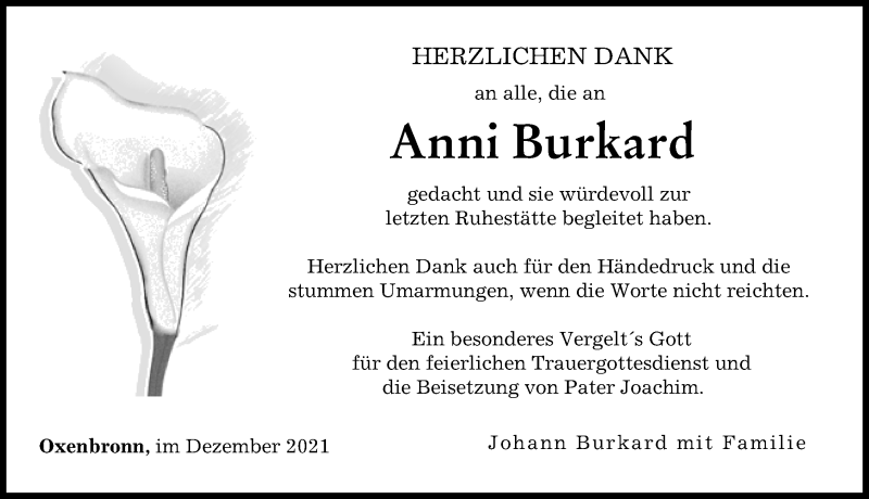 Traueranzeige von Anni Burkard von Günzburger Zeitung