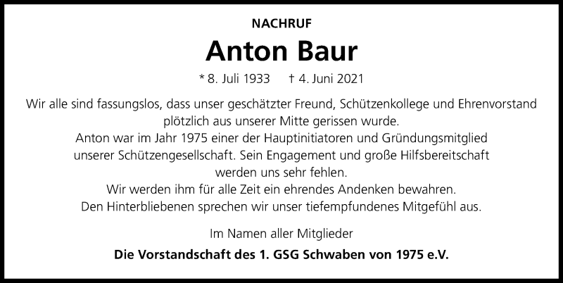 Traueranzeige von Anton Baur von Günzburger Zeitung