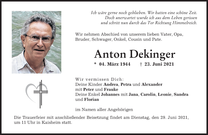  Traueranzeige für Anton Dekinger vom 26.06.2021 aus Donauwörther Zeitung