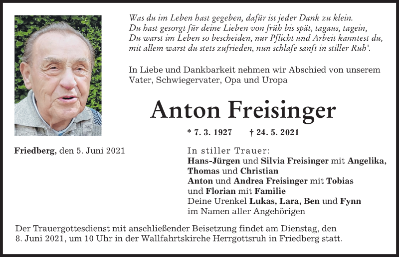 Traueranzeige von Anton Freisinger von Friedberger Allgemeine