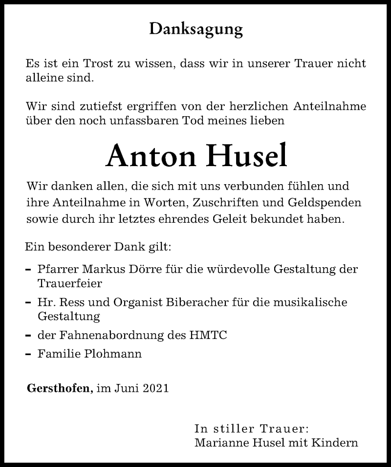 Traueranzeige von Anton Husel von Augsburger Allgemeine