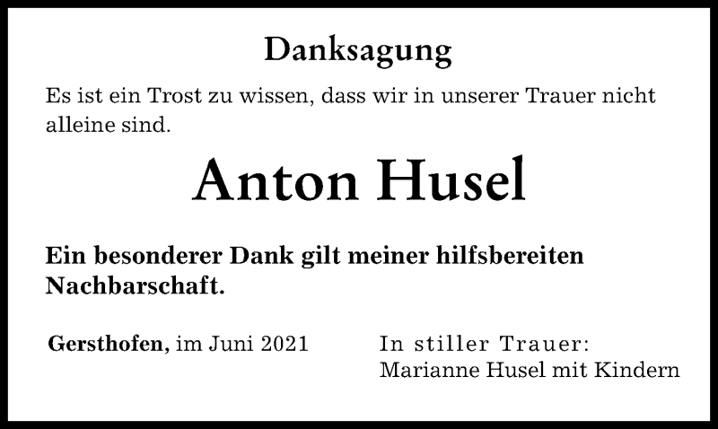 Traueranzeige von Anton Husel von Augsburger Allgemeine