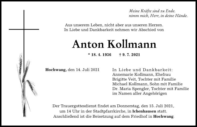  Traueranzeige für Anton Kollmann vom 14.07.2021 aus Günzburger Zeitung