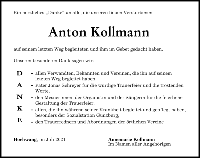 Traueranzeige von Anton Kollmann von Günzburger Zeitung