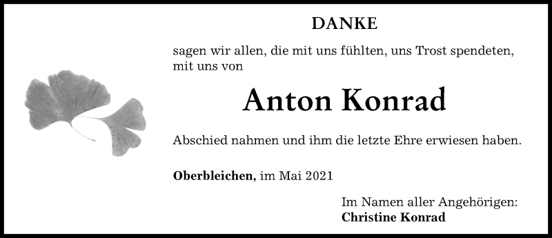 Traueranzeige von Anton Konrad von Mittelschwäbische Nachrichten