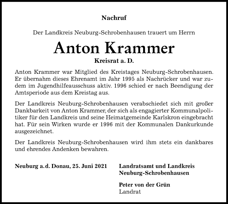 Traueranzeige von Anton Krammer von Neuburger Rundschau