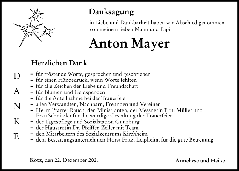 Traueranzeige von Anton Mayer von Günzburger Zeitung