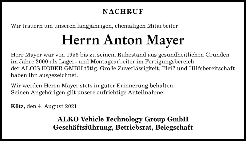 Traueranzeige von Anton Mayer von Günzburger Zeitung