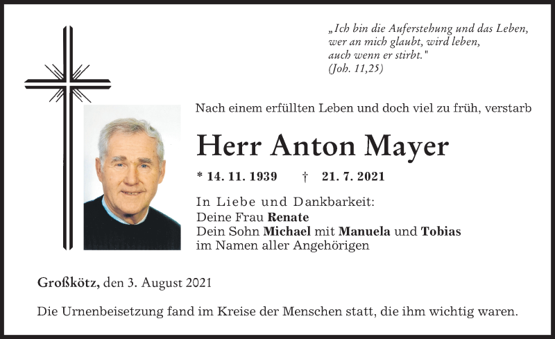 Traueranzeige von Anton Mayer von Günzburger Zeitung