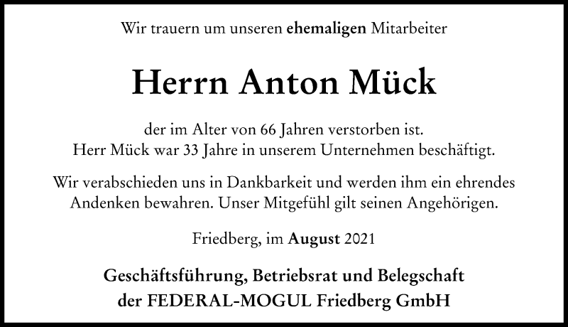  Traueranzeige für Anton Mück vom 13.08.2021 aus Friedberger Allgemeine